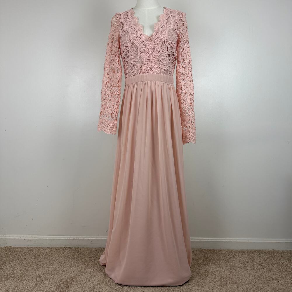 NWT Maniju Gown Long Sleeve Lace Evening Maxi Dress Size L Blush Pink Open Back